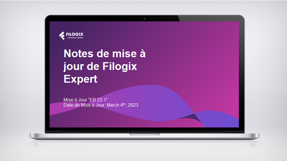 A laptop screen with the header "Notes de mise à jour de Filogix Expert"