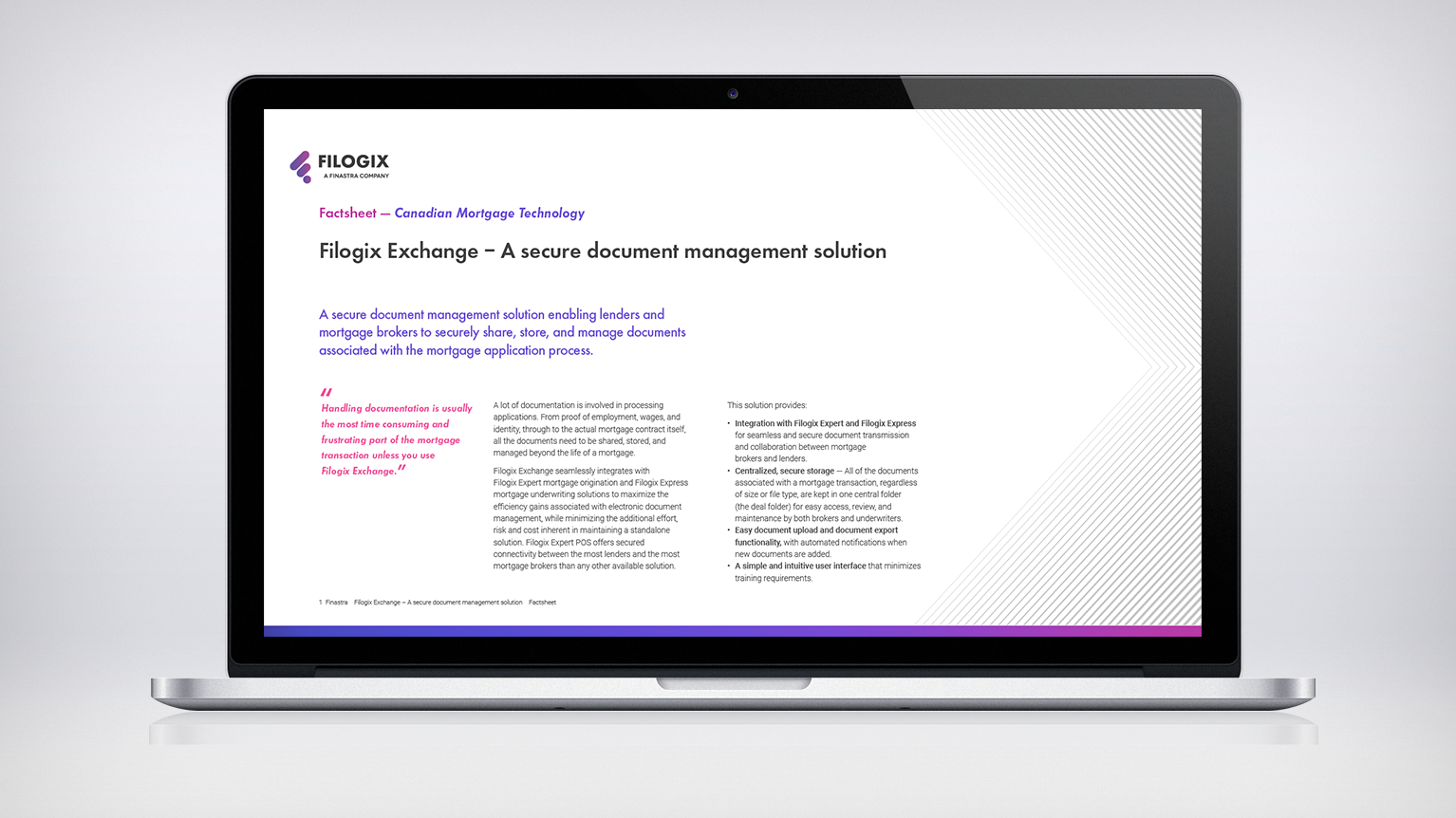A laptop screen with the header "Filogix Exchange: A secure document management solution"